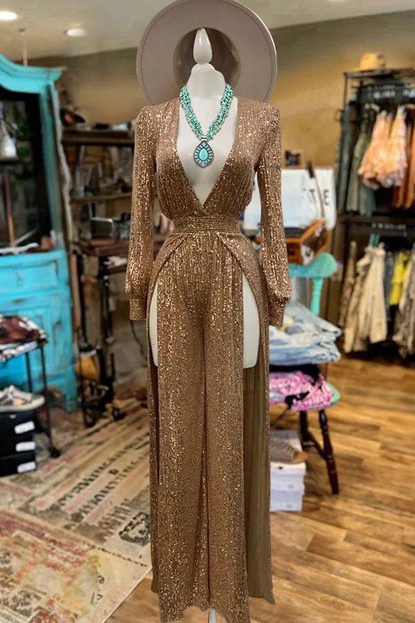 Shiny V-Neck Sequined Long-Sleeved Jumpsuit