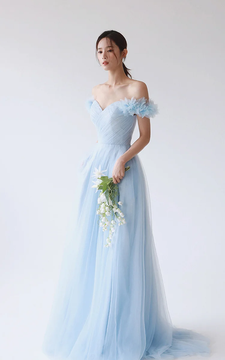 Blue Off Shoulder A Line Evening Dress Tulle Romantic Backless Women's Formal Wedding Party Gowns