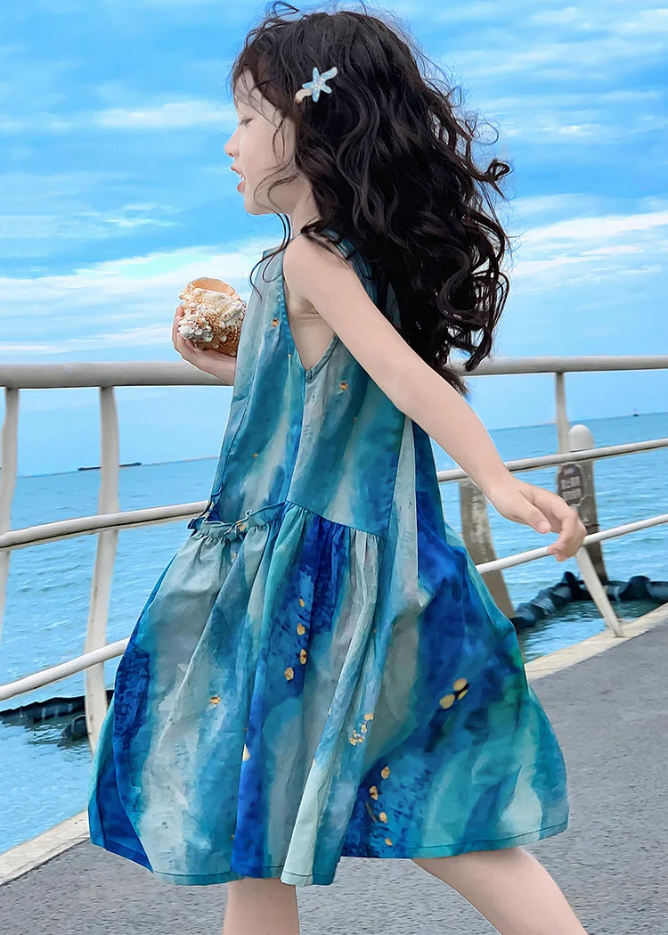 Chic Blue Tie Dye Pockets Cotton Girls Dress Sleeveless