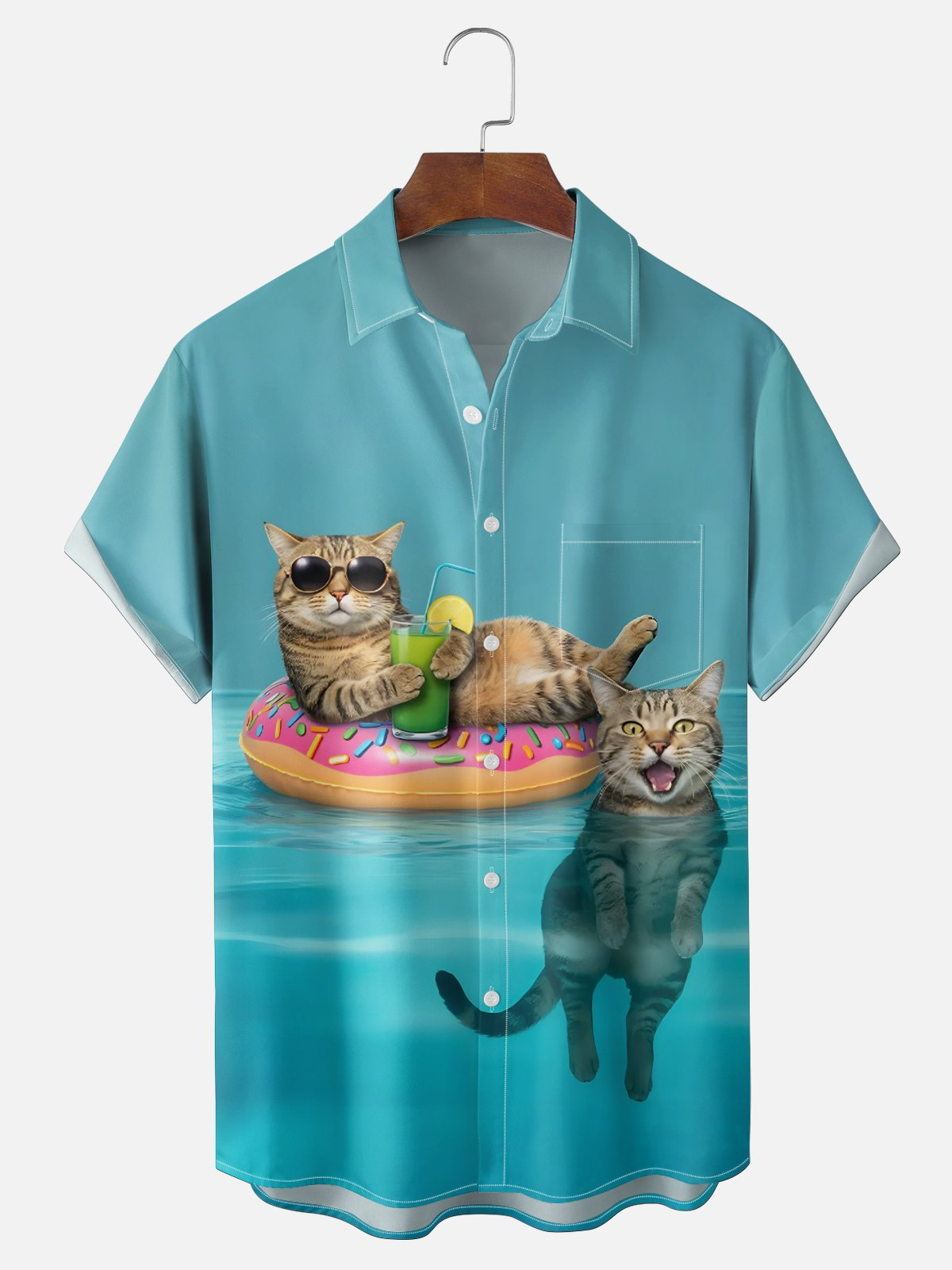 Moisture Wickin Fun Pool Cat Chest Pocket Holiday Hawaii Shirt PLUSCLOTHESMAN