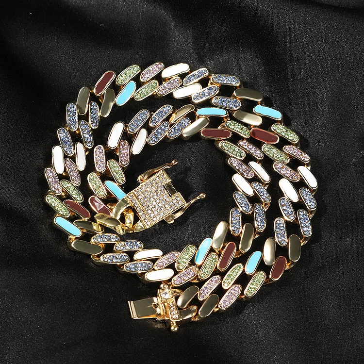 12MM Colorful Rhinestonel Miami Dripping Oil Hip Hop Cuban Link Mens Necklace