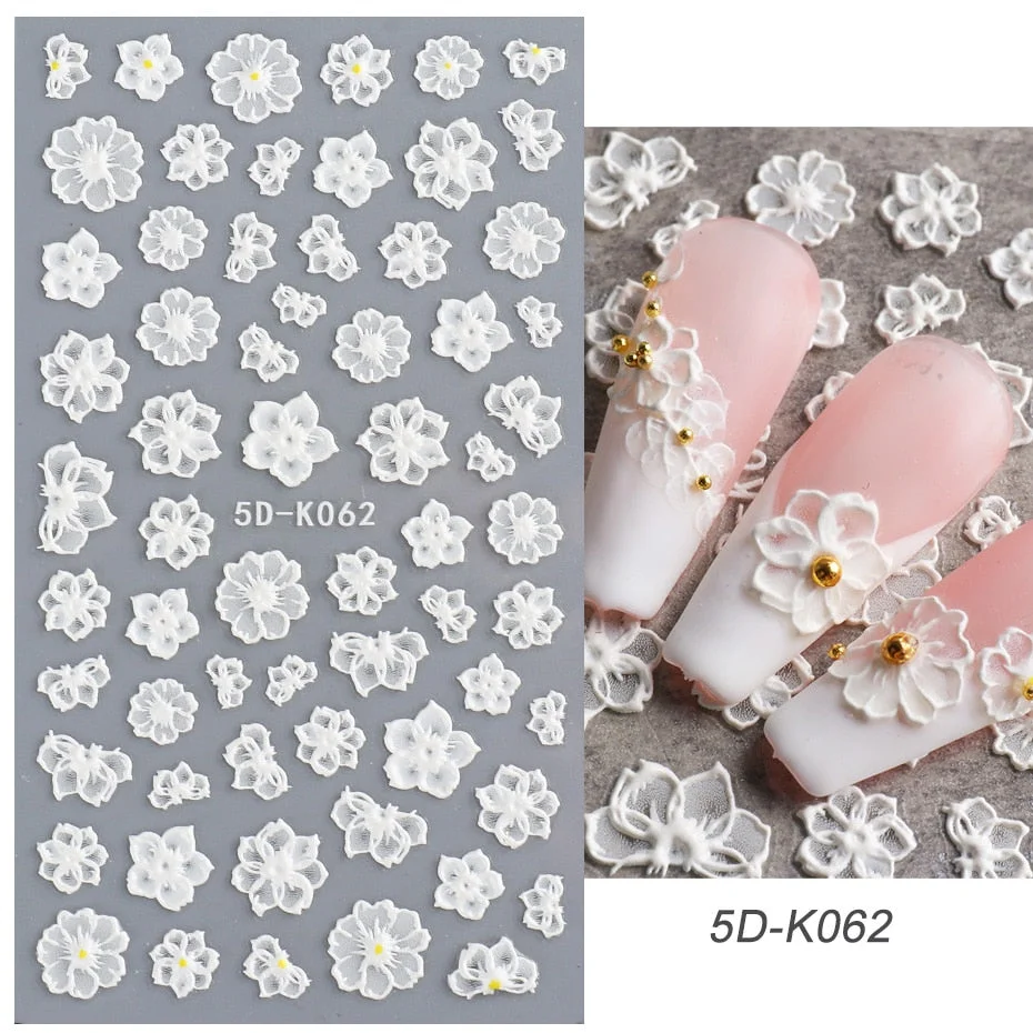 1PC Simple White Embossed Flower Lace 5D Sticker Three-dimensional Embossed Nail Art Decal Floral Butterfly Decoration