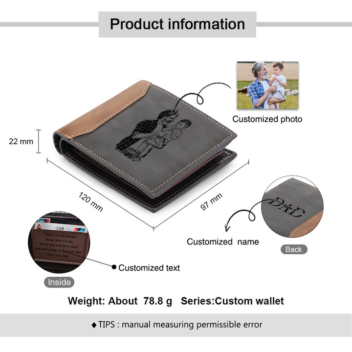 1 Name - Personalised Dad Billfold Wallet Custom Name & Photo & Text Leather Wallet Father's Day Gifts-Jessemade AU