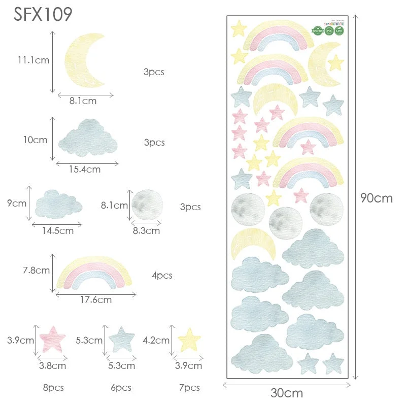 Colorful Rainbow Cartoon Moon Clouds Stars Wall Stickers for Baby Room Kids Room Modern Decoration Vinyl Nursery Decals