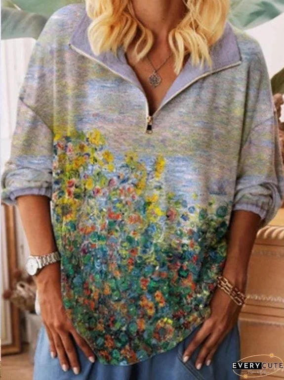 Floral Print Zip V-neck Top