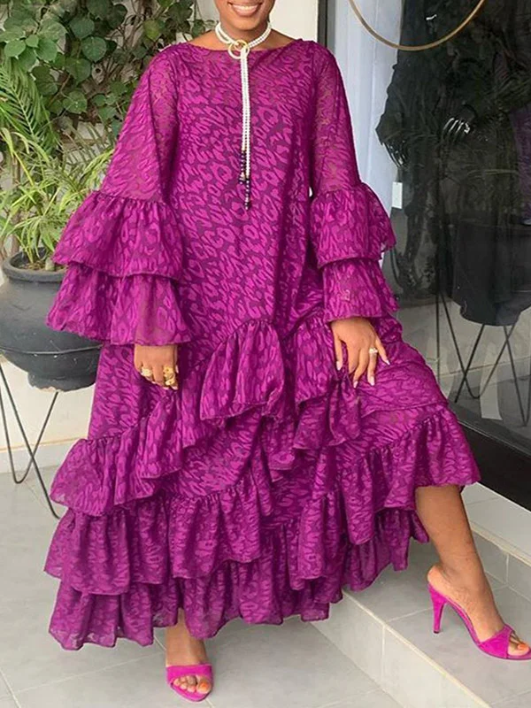 Round-Neck Loose Long Sleeve Falbala Printing A-Line Maxi Dress