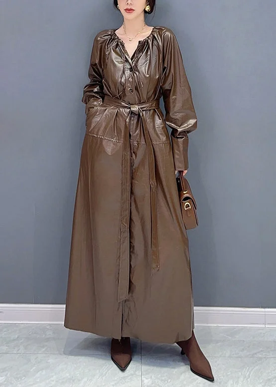 Fashion Coffee Drawstring Tie Waist Faux Leather Long Trench Coat Fall