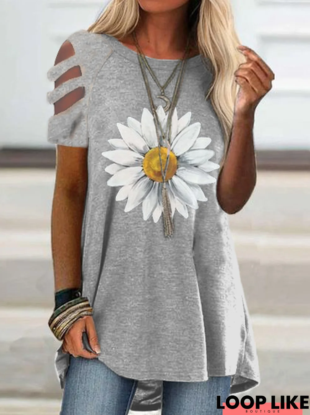 Casual Floral Short Sleeve Tunic T-Shirt