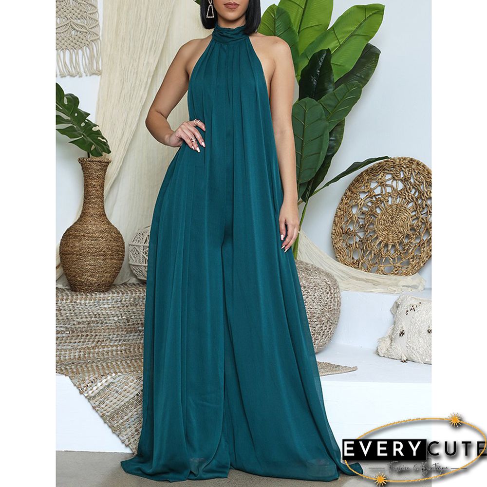 Peacock Blue Halter Neck Backless Chiffon Wide Leg Jumpsuit