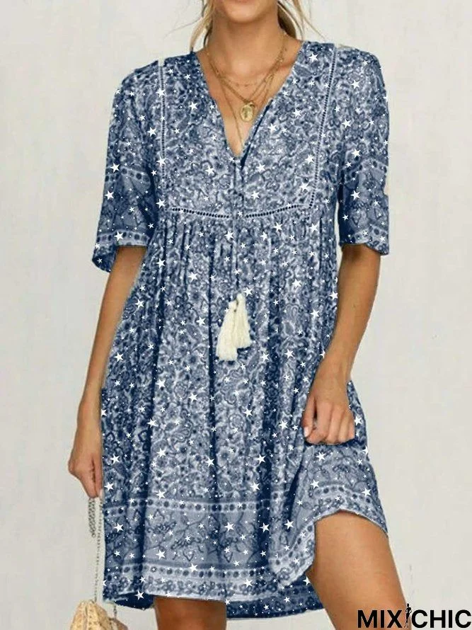 Blue Cotton Printed Short Sleeve Patchwork Dresses