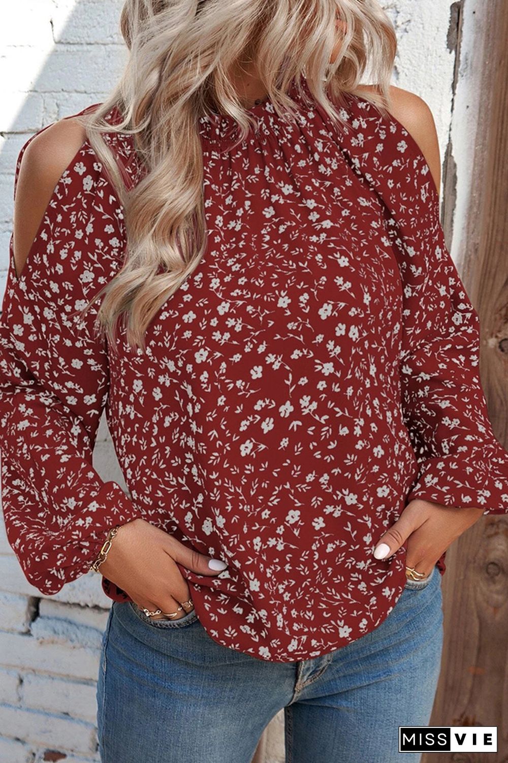 Cold Shoulder Frilled Collar Floral Blouse