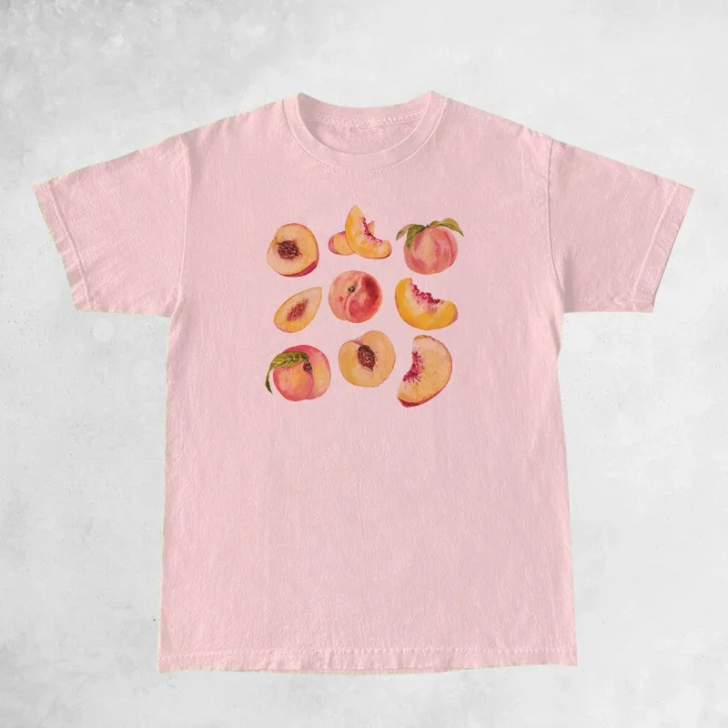 Vintage Peaches Printed Graphic Tees Women Cute T-Shirts Short Sleeve Retro Tops Clothes