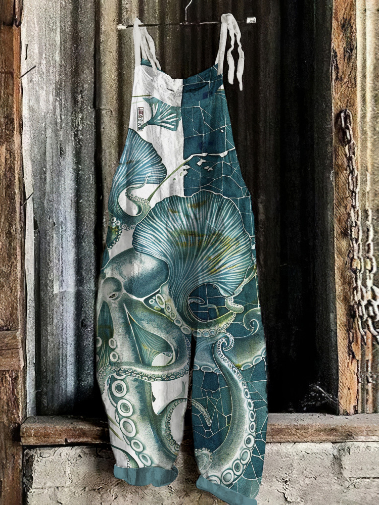 Comstylish Vintage Japanese Art Octopus Print Loose Jumpsuit
