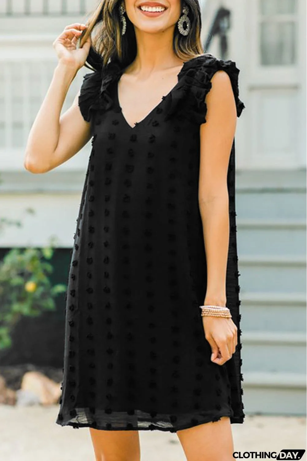 Swiss Dot V Neck Ruffled Sleeveless Mini Dress