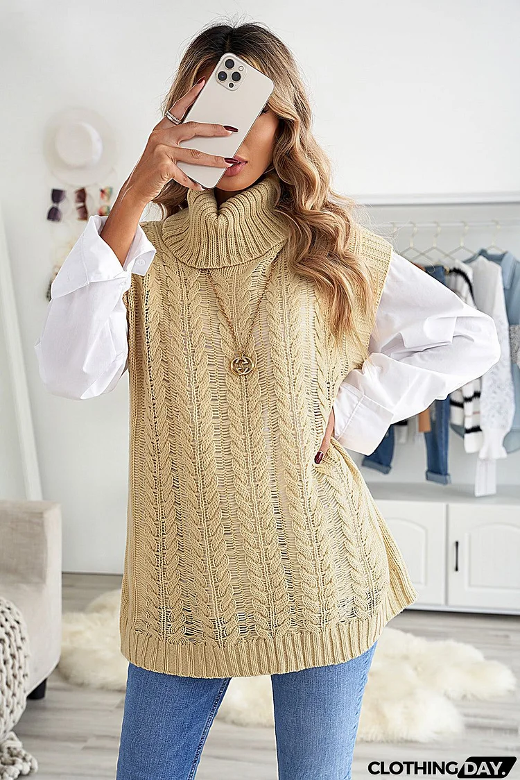 Casual Khaki Turtleneck Braided Knitted Vest