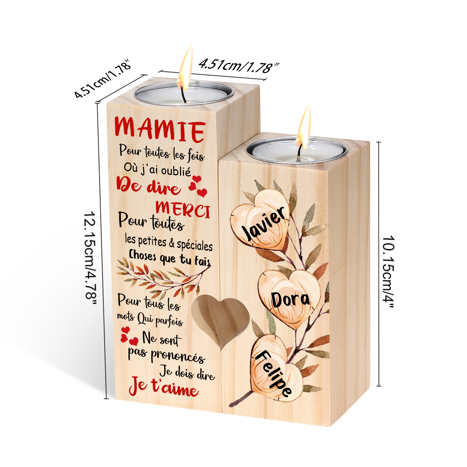 À Ma Mamie - Bougeoir en Bois 3 Prénoms Personnalisés sans bougie