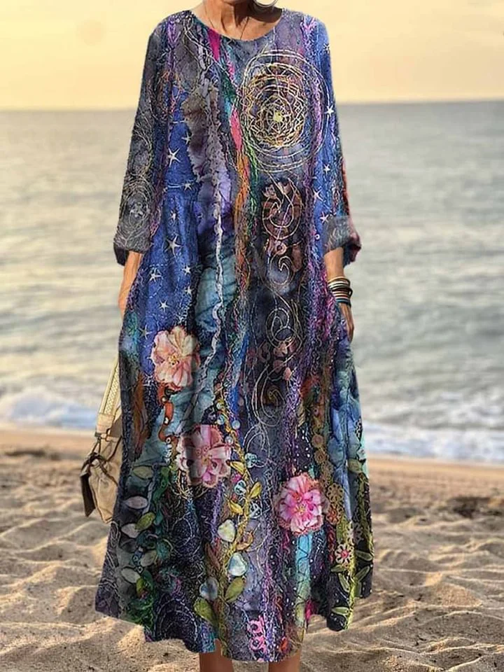 Women's Vintage Oil Painting Floral Art Pattern Print Pocket Cotton Dress