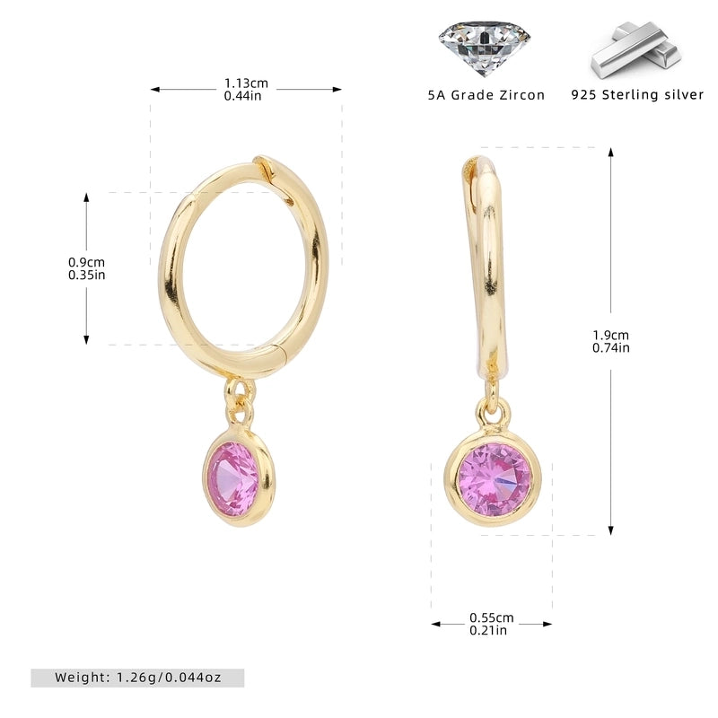1 Pair 925 Sterling Silver Birthstone Round Drop Earrings