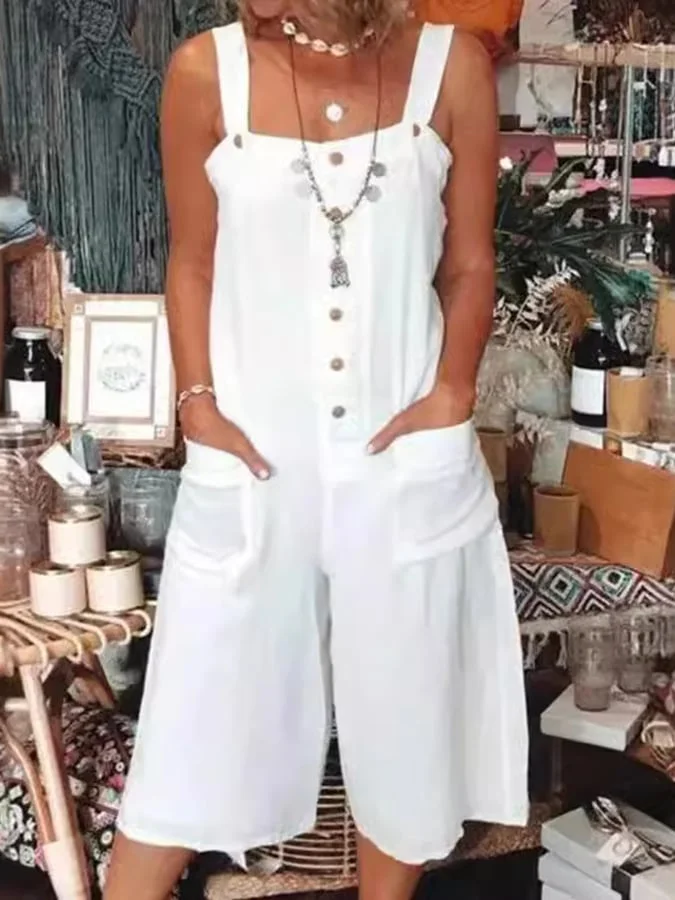 Women's Fashion Solid Color Loose Pocket Button Jumpsuit