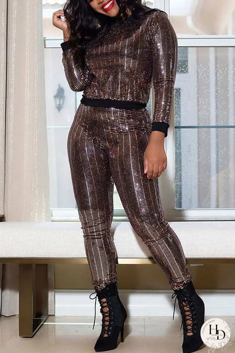 Brown Fashion Casual Patchwork Sequins O Neck Long Sleeve Two Pieces