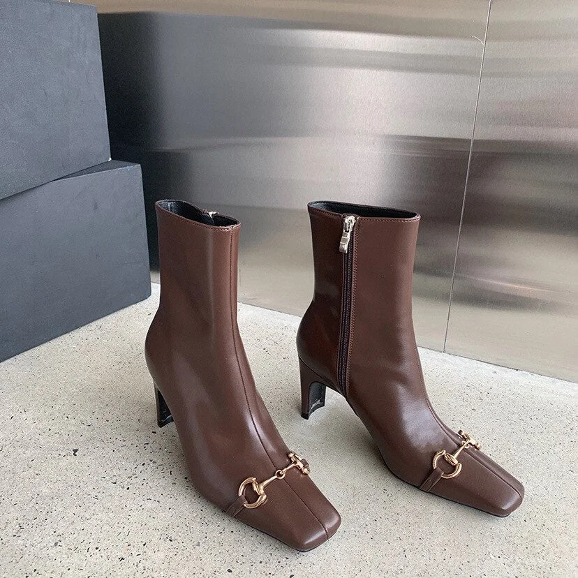 2021 Autumn Winter New Horsebit Square Head Women's Straight Boots Female South Short Boots Thick Heel High Heels Martin Boots