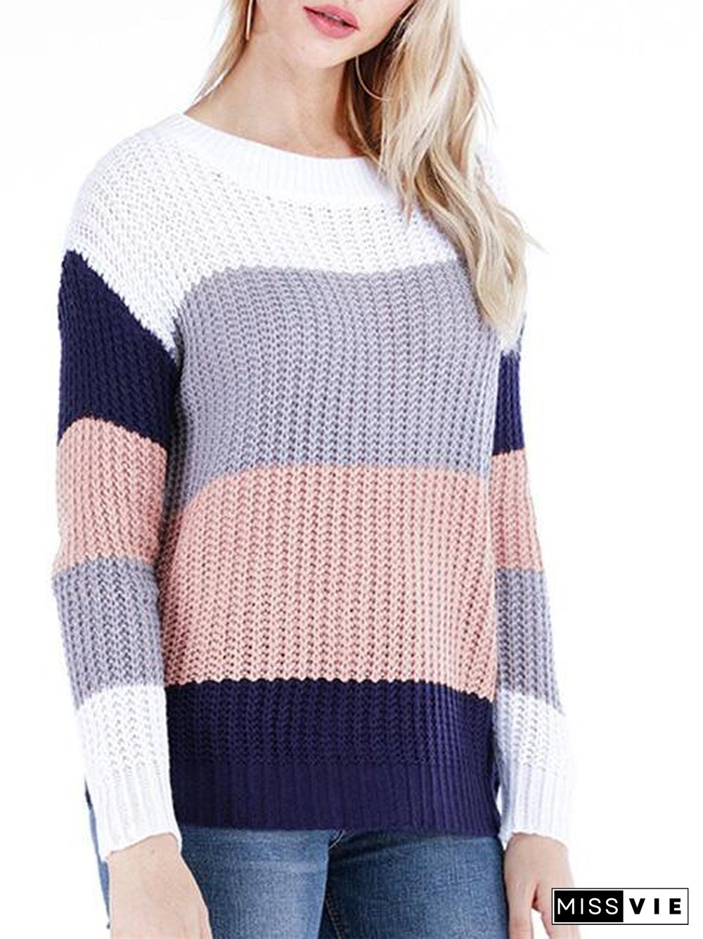 Women's Scoop Neck Long Sleeve Striped Stitching Sweater Top