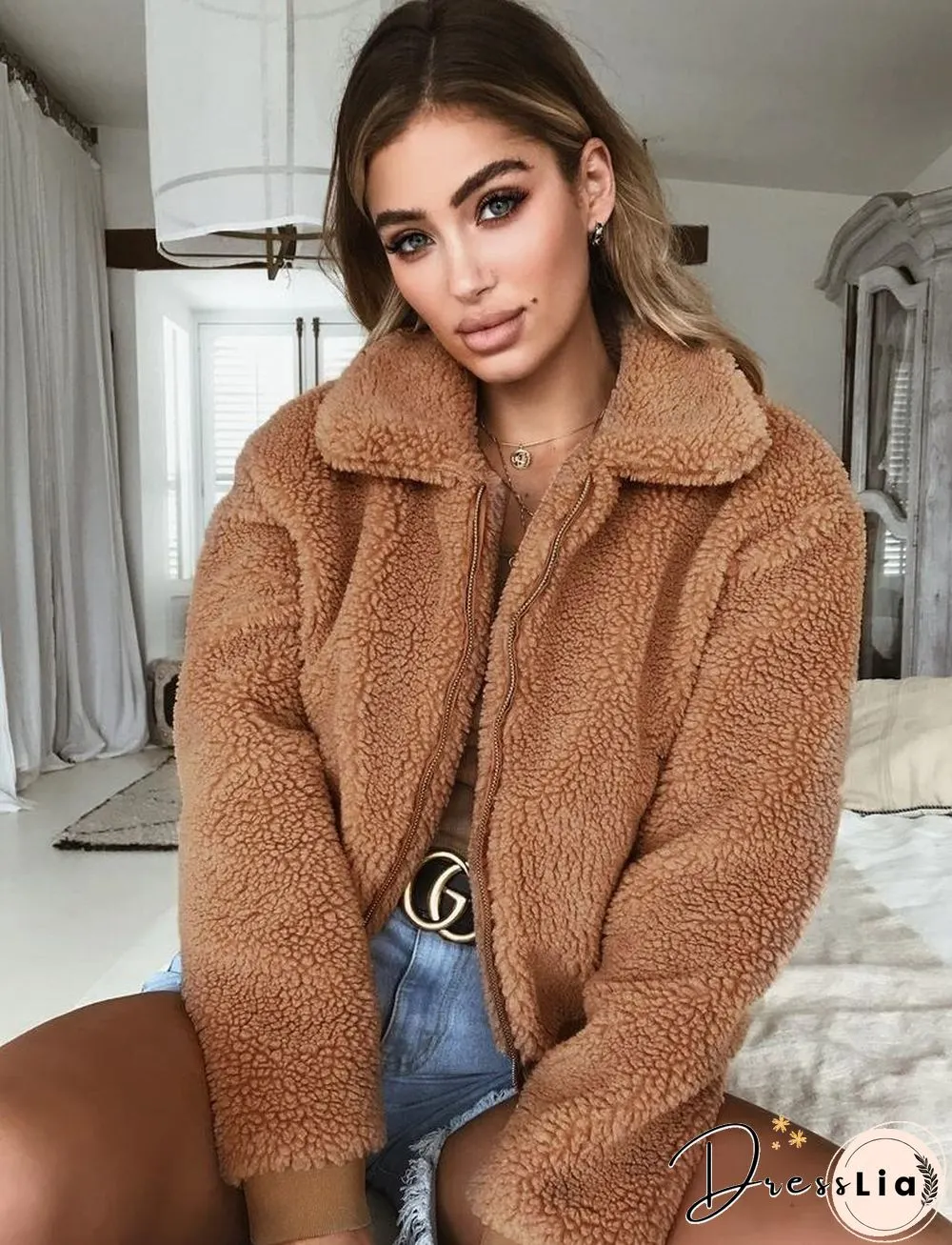 Womens Autumn and Winter Warm Fleece Jacket Top Clothing Wool Coat Women Vintage Camel