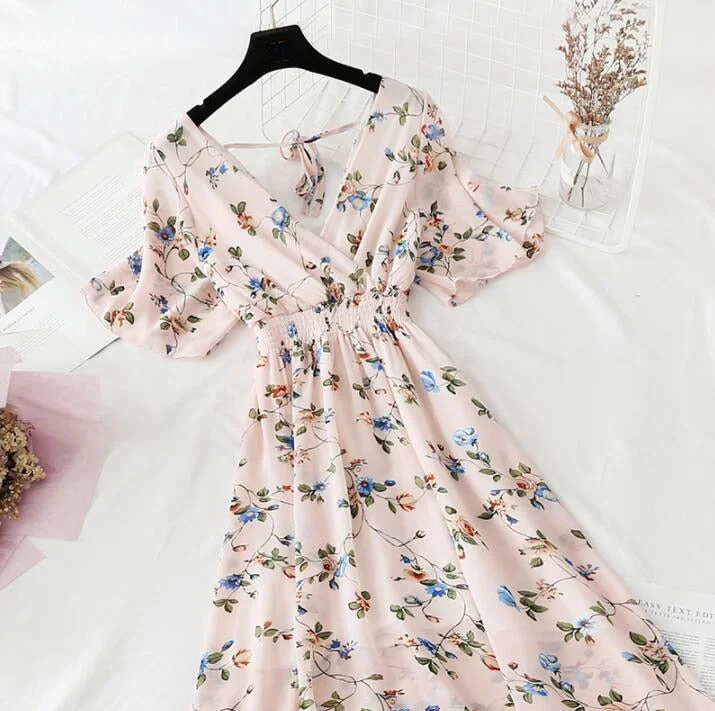Summer Dress Vintage Floral Ruffles Women Print Short sleeve Chiffon Boho Dresses Mid-calf A-line Backless Sexy Dress Vestidos