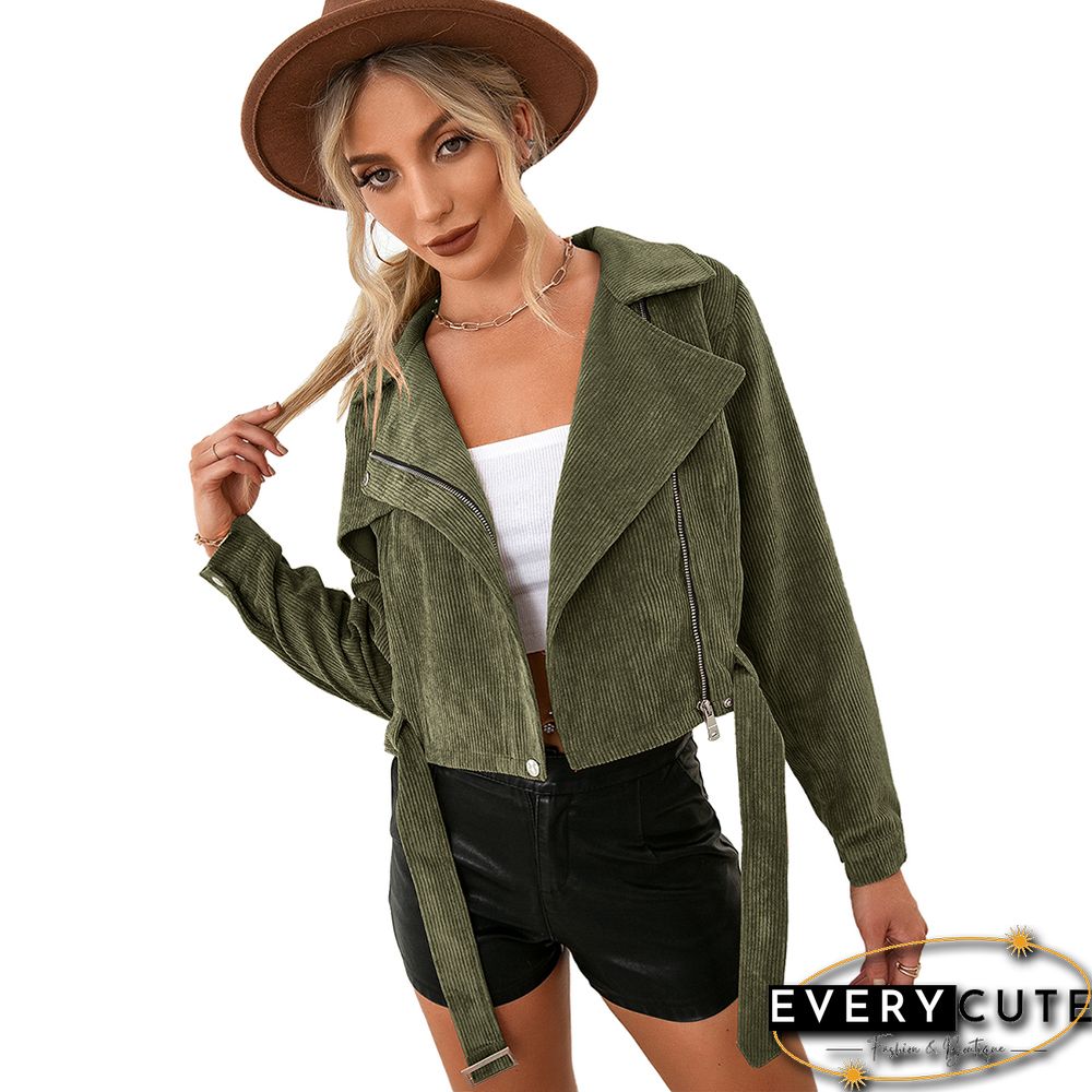 Army Green Corduroy Side Zipper Short Jacket