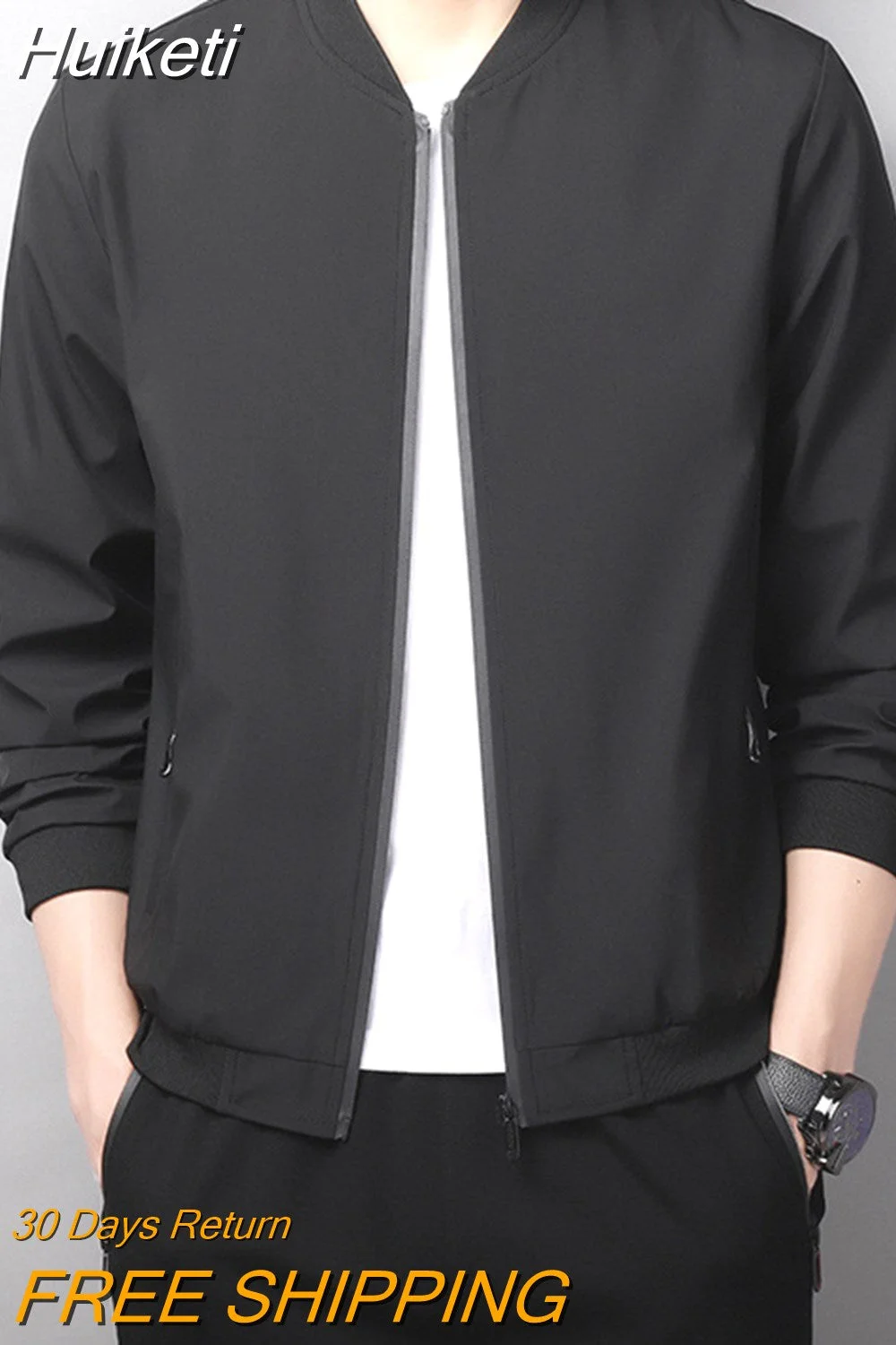 Huiketi Fit Jackets Men Spring Baseball Coat Mens Stand Collar Solid Color Casual Outerwear Streetwear Zipper Jacket Coats Man 5XL