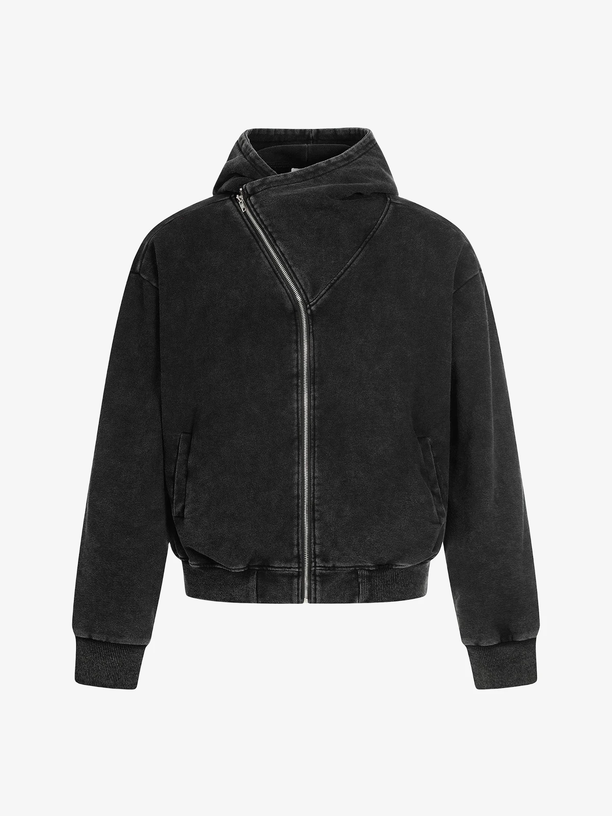 Black Actchic Washed Asymmetrical Zip Hoodie Front
