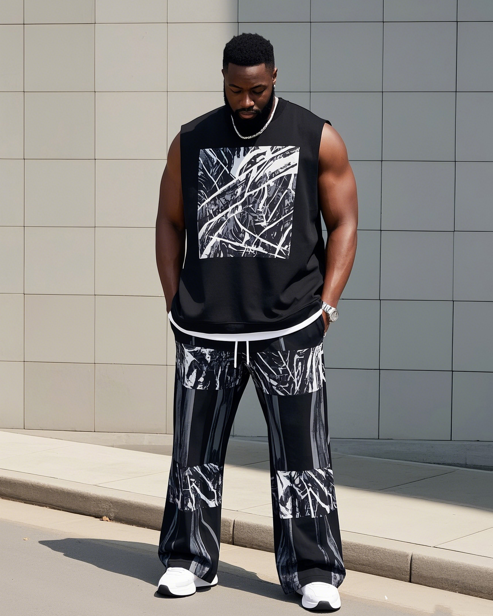 Big Boy's Irregular Square Colorblock Printed Tank Trousers Suit