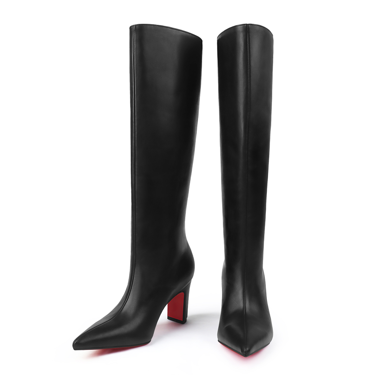 85mm Women's Pointed Toe Thick Heel Boots Knee High Red Bottom Boots-MERUMOTE