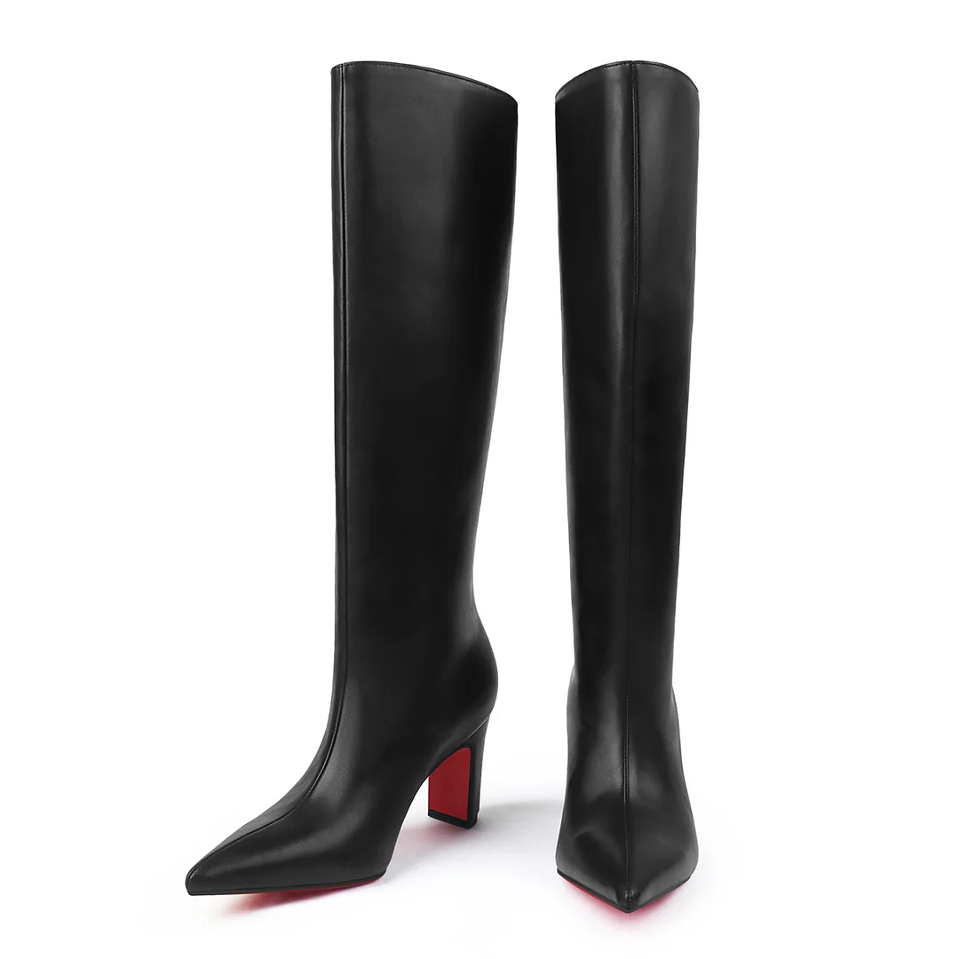 85mm Women's Pointed Toe Thick Heel Boots Knee High Red Bottom Boots-MERUMOTE