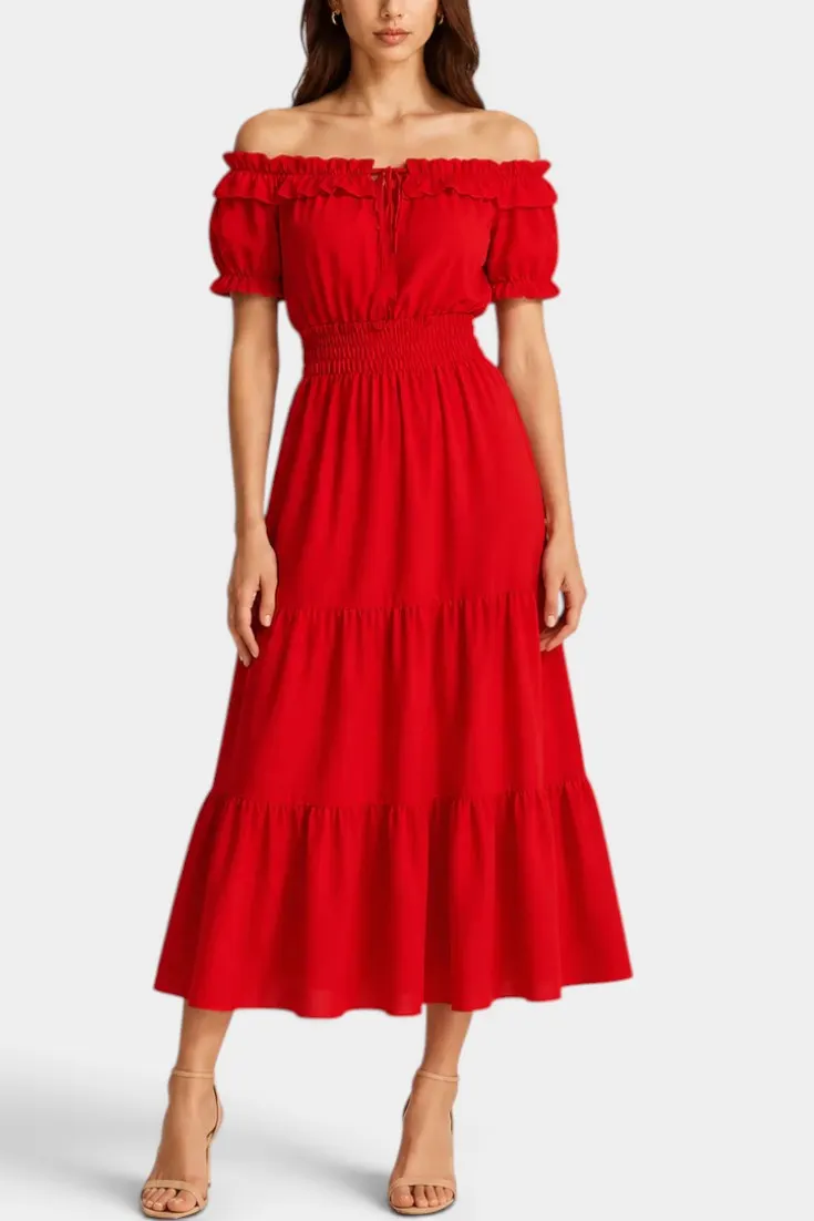 Ruffled Off-Shoulder Midi Dress with Smocked Waist