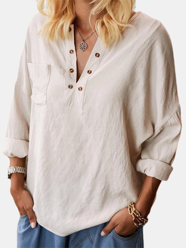 Solid Color V neck Casual Long Sleeve Loose Cotton Blouse For Women P1770977