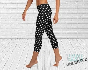 Pornhint Polka Dot Capri Leggings | Polka Dot Leggings | Yoga Polka Dot Leggings | Black and White Leggings | Womens Capri Leggings