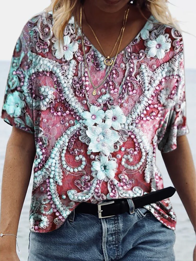 VChics Floral Rhinestone 3D Beaded Lace Art T Shirt