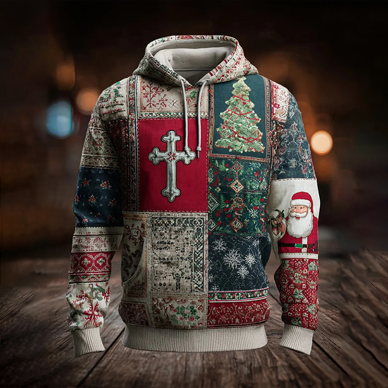 Men's Vintage Christmas Cross Patchwork Art Print Hoodie wearshes