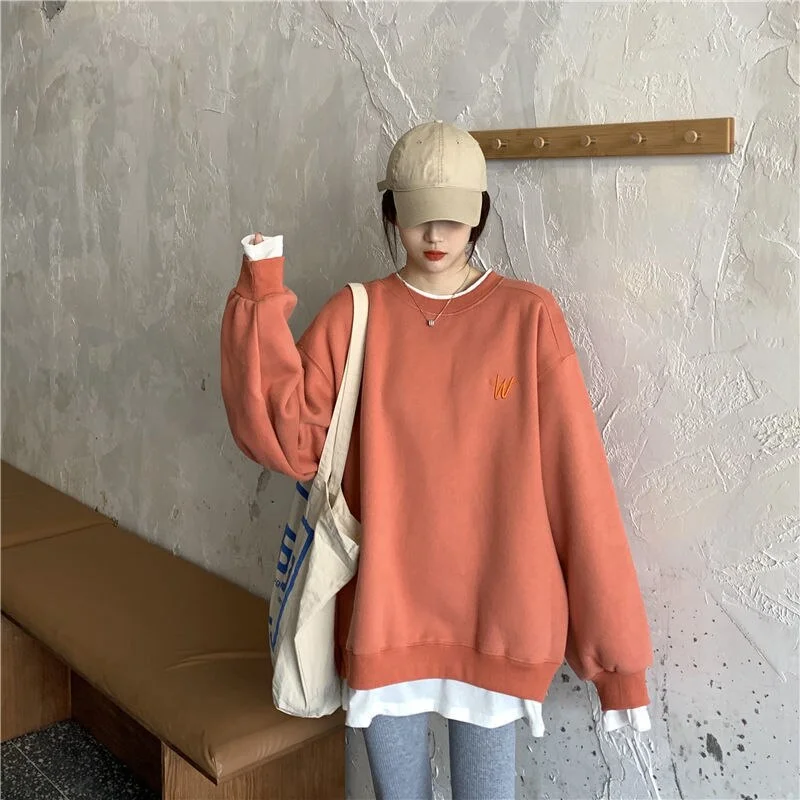 2021 Splicing Pullover Women Autumn Winter Fleece Thick Korean Version Oversized Hoodies O Neck Long Sleeve Girl Sweatshirt