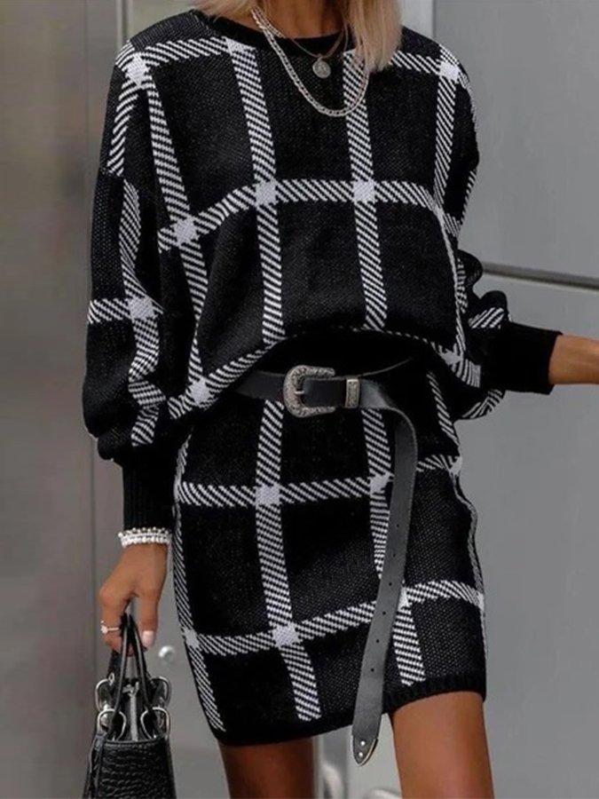  thdmladies Black Plaid Casual Long Sleeve Round Neck Dresses thedmladies