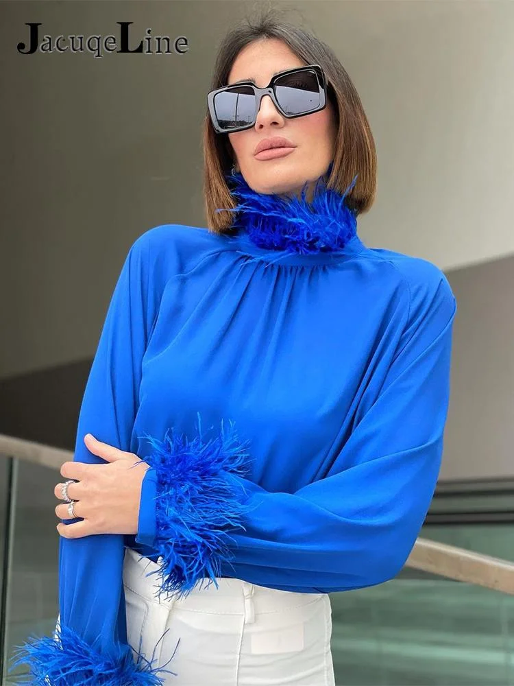 JacuqeLine 2022 Turtleneck Sexy Satin Feather Blouse Shirt Women Long Sleeve Casual Elegant Office Lady Top Shirts Green Autumn