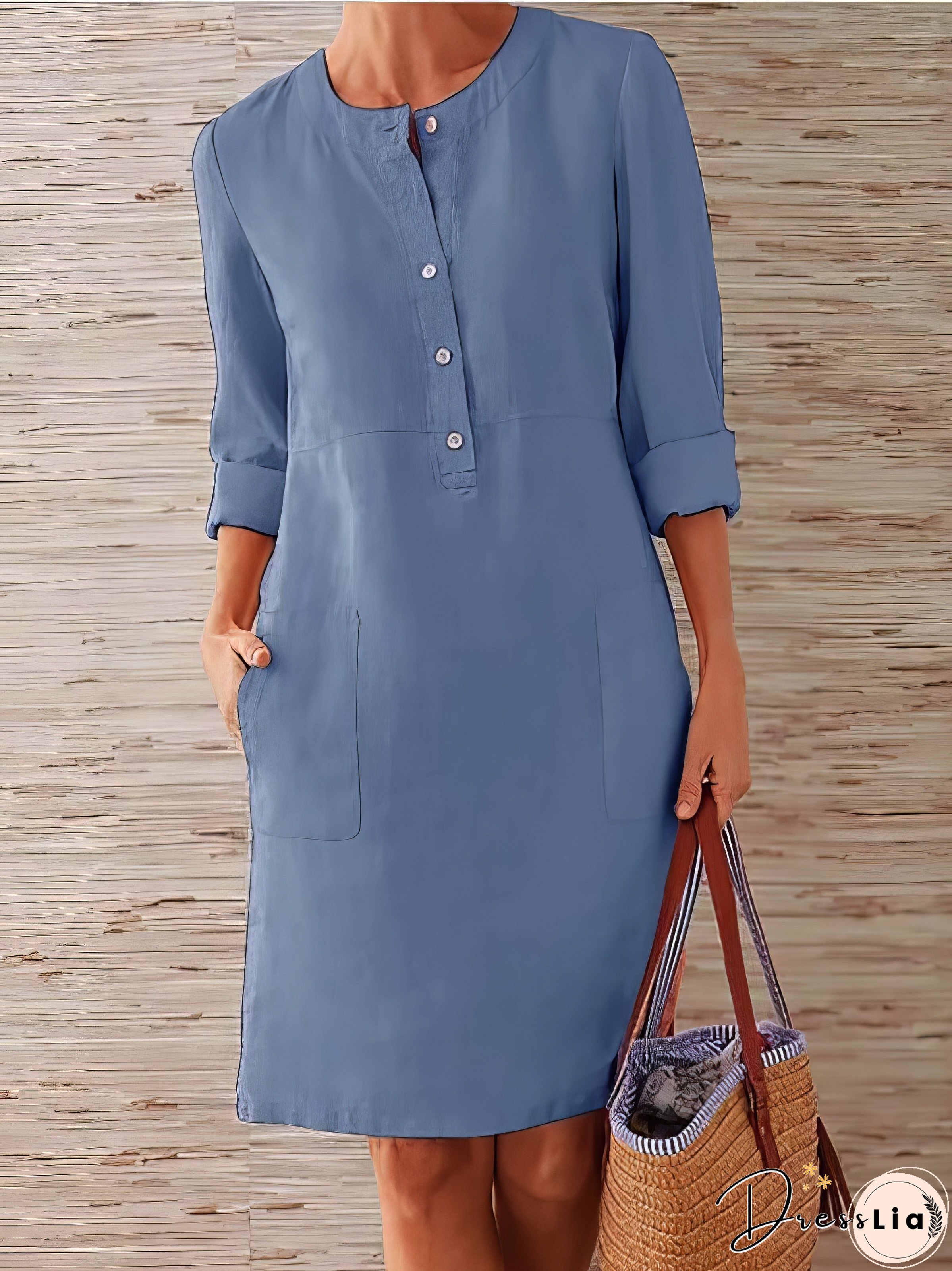 Cotton Linen Temperament Round Neck Long Sleeve Mini Dress