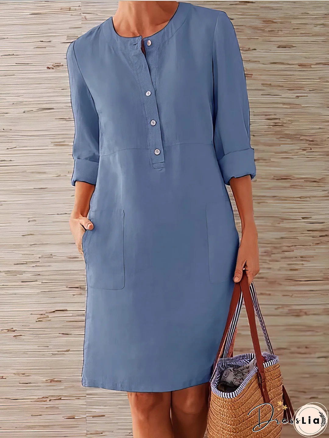 Cotton Linen Temperament Round Neck Long Sleeve Mini Dress