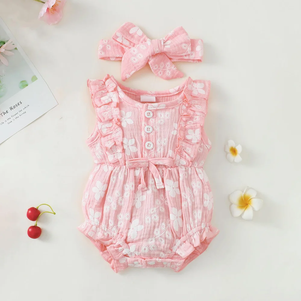 2PCS Summer Floral Printed Sleeveless Baby Romper