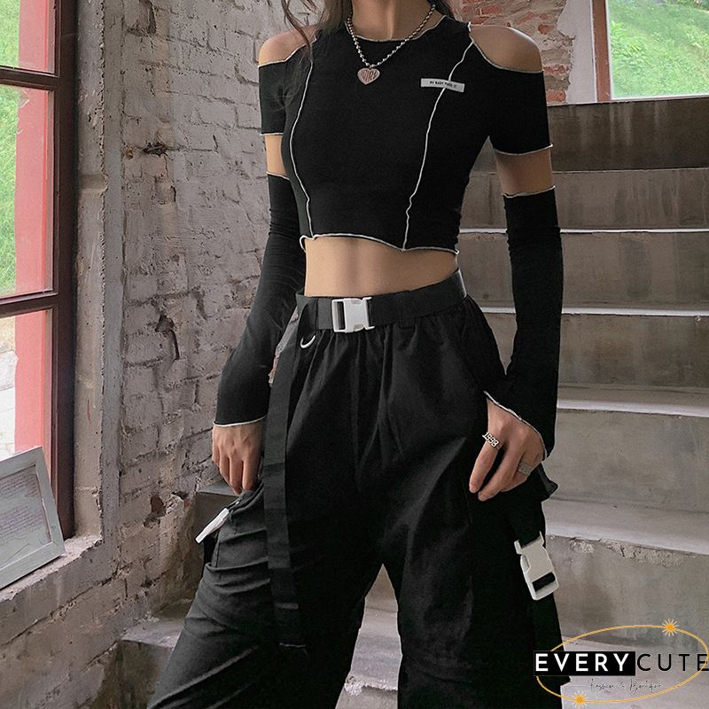 Sexy crop top for women-stylish patchwork cold shoulder long sleeve Round-neck t-shirt