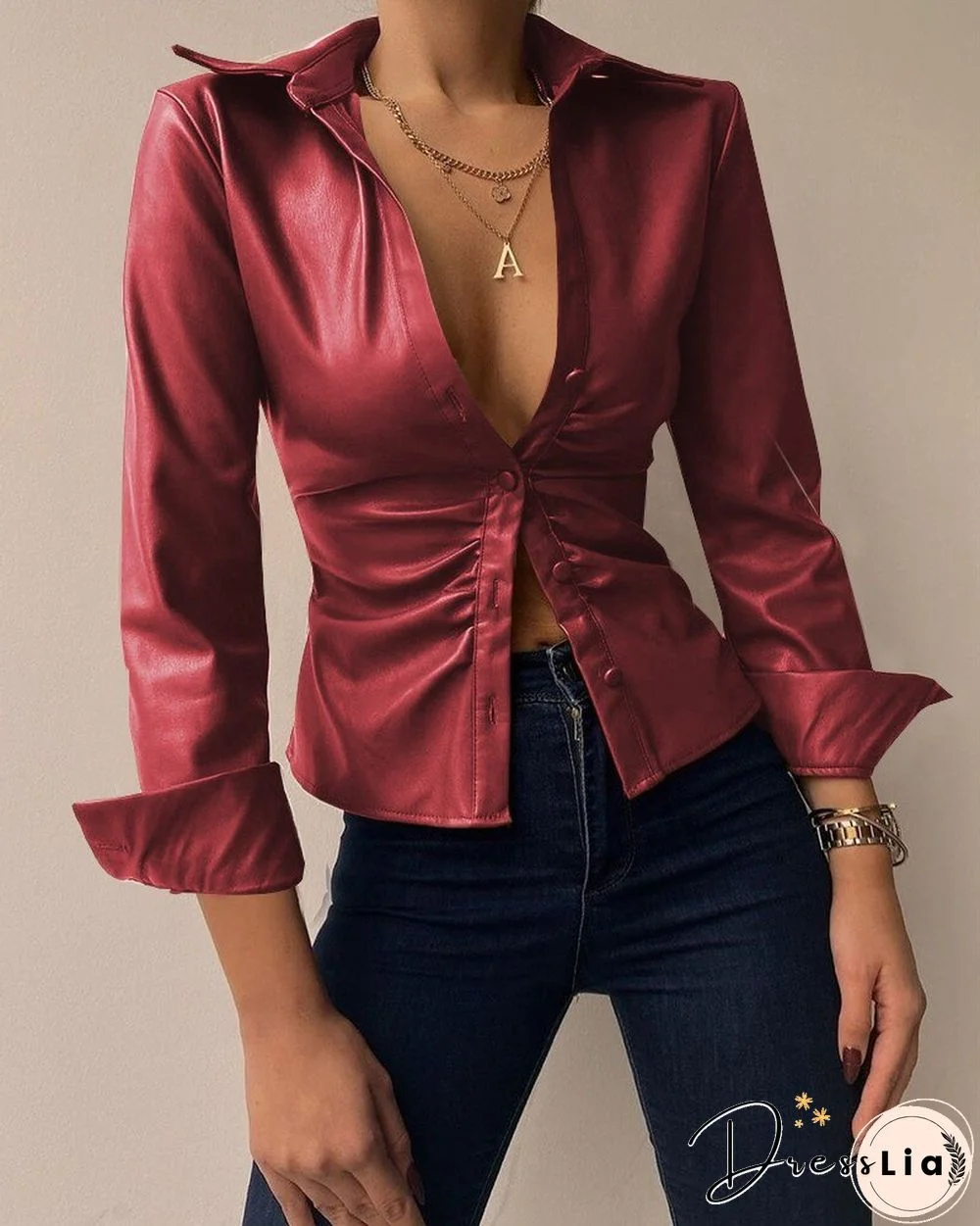 Spring Long-sleeved V-neck PU Leather Stitching Women's Leather Jacket Soldi Color Print Slim Coat Jackets For Women
