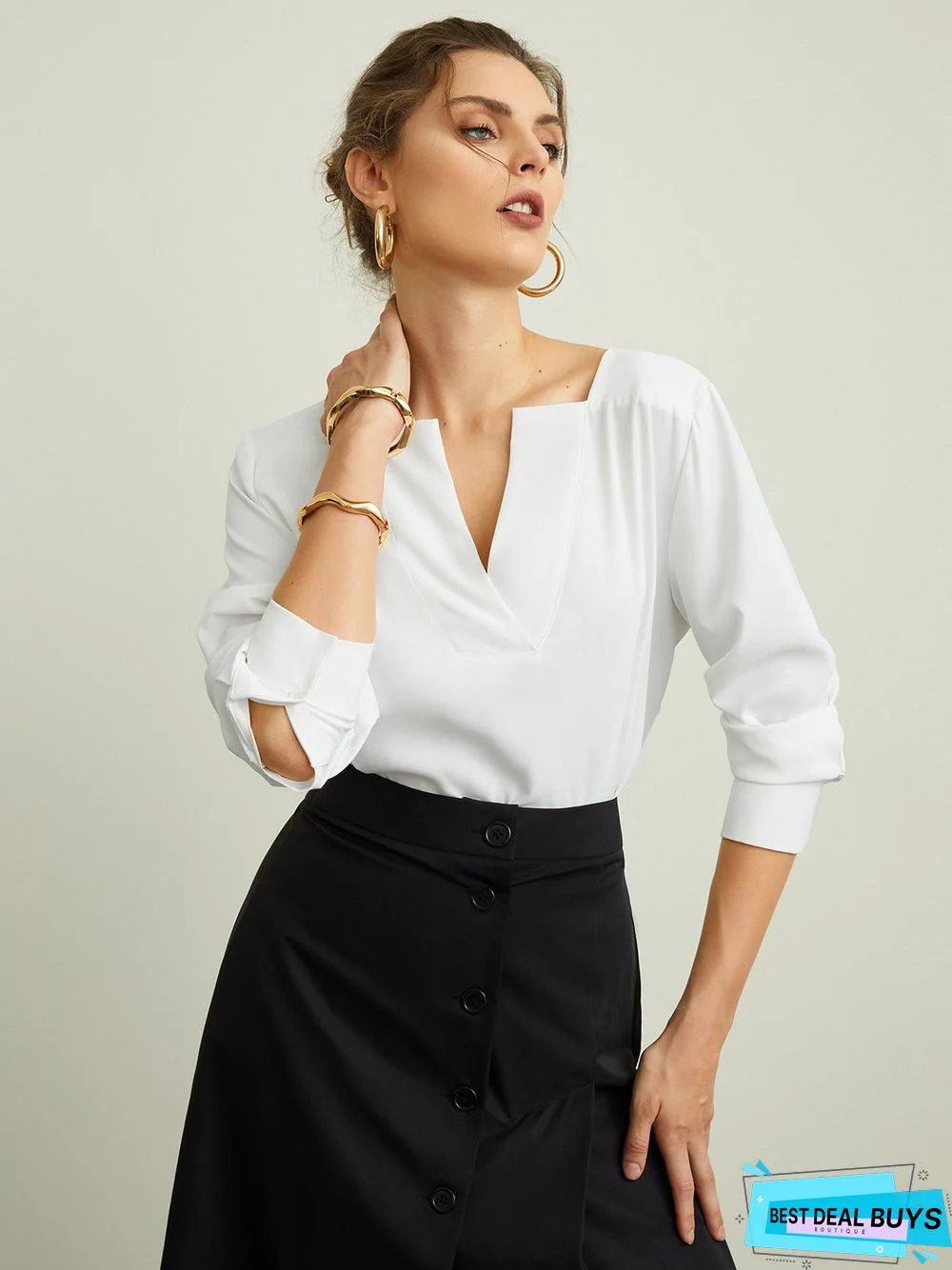 White Daily Long sleeve Plain V Neck Simple Blouse