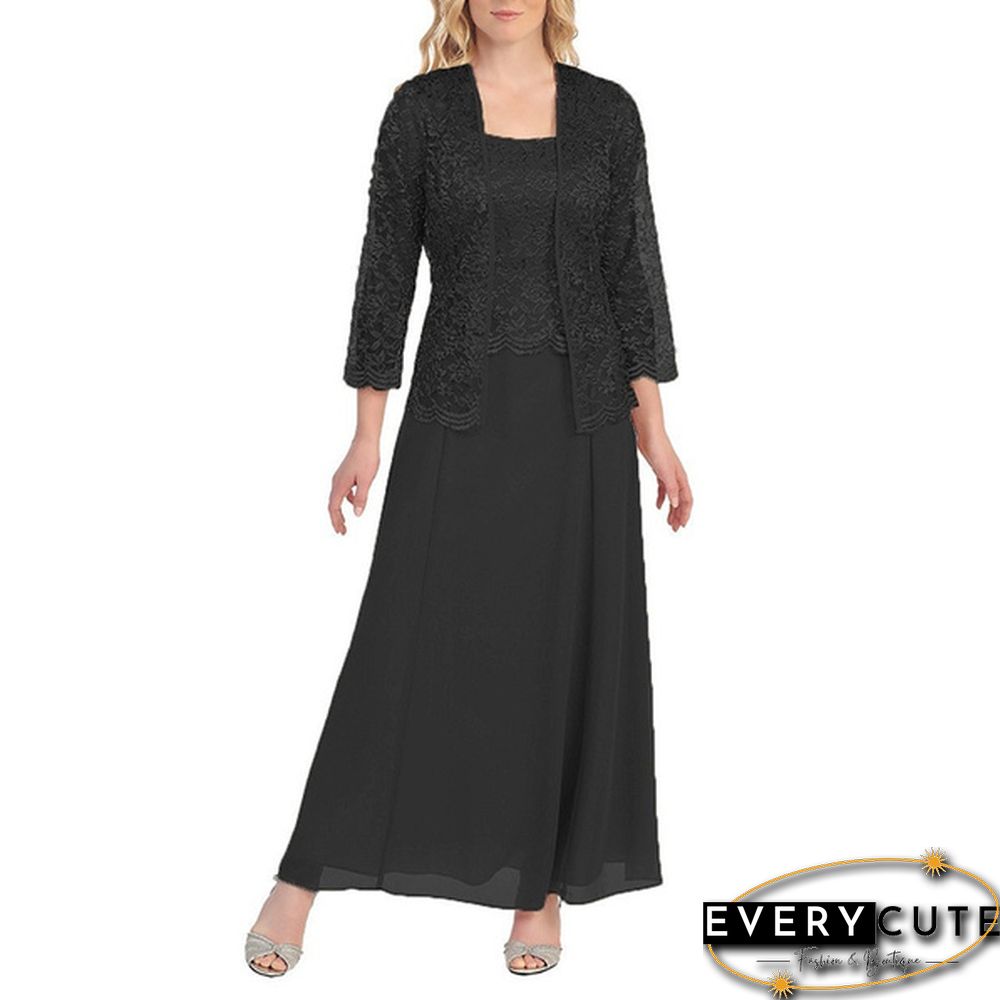 New Women lace cardigan and chiffon maxi skirt Two-piece Ladies Fashion Long Chiffon Dress Mother of Groom Dress with Lace Long Sleeve