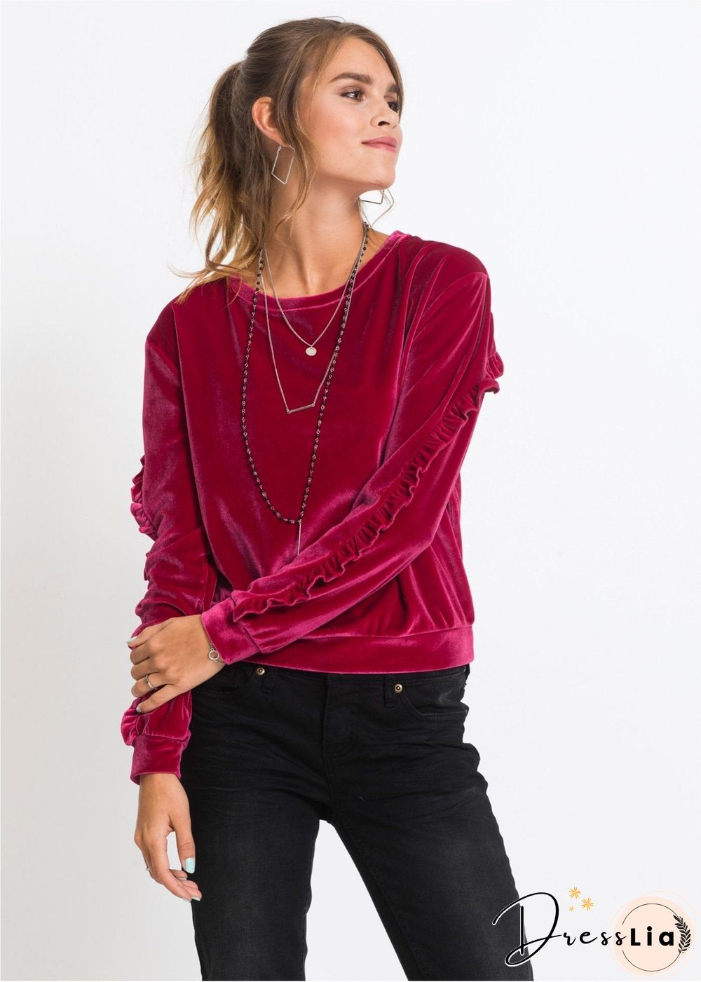 Round Neck Velvet Ruffled Velvet Shirt